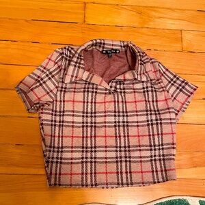 Cropped tan and red plaid polo